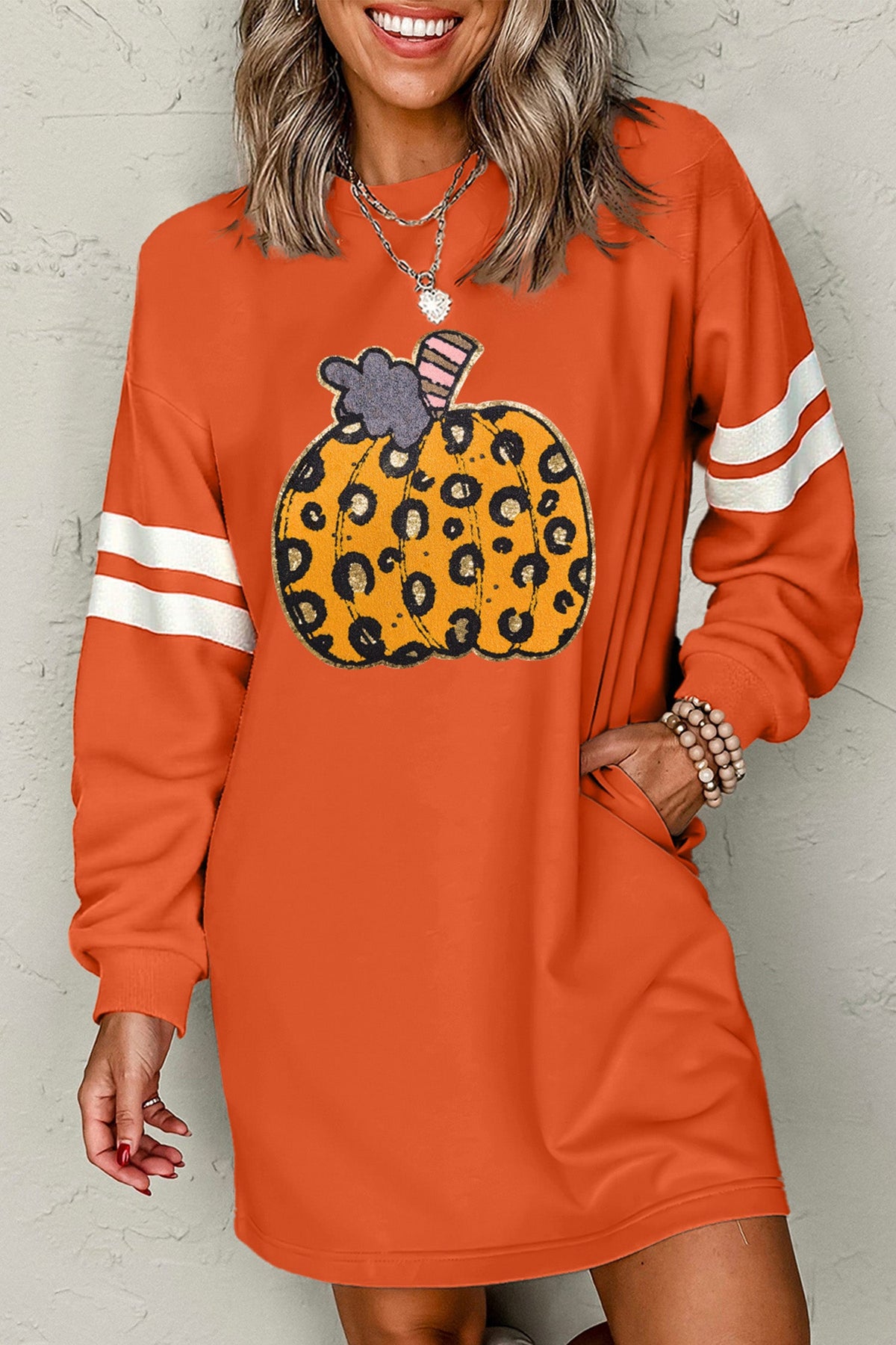 AUTUMN Women's Leopard Print Pumpkin Graphic Varsity Striped Long Sleeve Tunic Dress