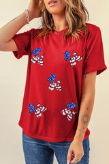 Women's Patriotic Balloon Puppy Sequin Graphic Crewneck T-Shirt - Size M