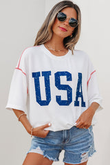 Women's White 'USA' Graphic Half Sleeve Loose Ribbed Top - Size XL