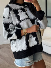HALLOWEEN Women's Ghost Checkered Drop Shoulder Sweater