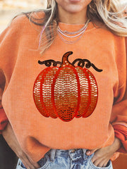 AUTUMN Women's Sequined Pumpkin Ribbed, Round Neck Sweatshirt