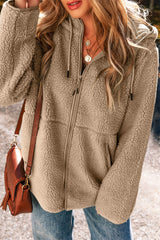 Women's Fleece Zip Up Drawstring Hooded Pocketed Jacket