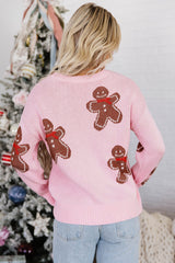 Women's Pink Gingerbread Pattern Round Neck Long Sleeve Shift Sweater CHRISTMAS