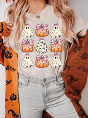 HALLOWEEN Women's Bowknot Pumpkin & Ghost Graphic T Shirt