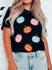 HALLOWEEN Women's Chenille Pumpkin Patched Playful T-Shirt