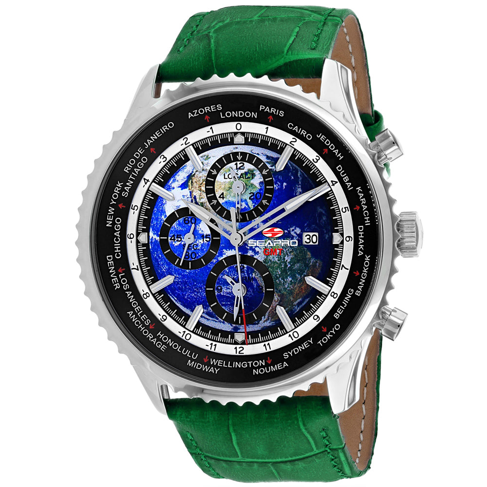 Seapro Men's Meridian World Timer GMT - Blue Dial, Green Strap - 100m
