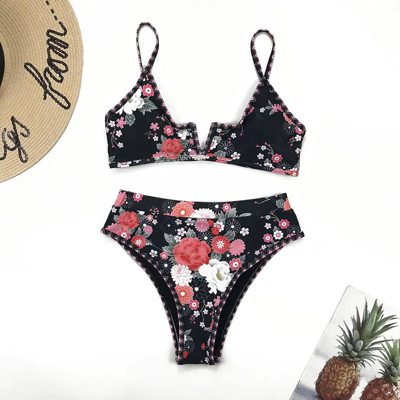 Women's V-Neck High Waist Two-Piece Bikini Swimsuit