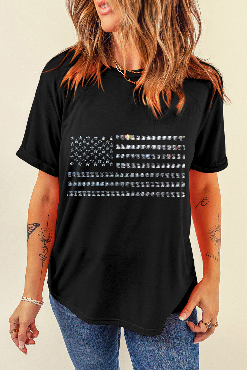 Women's Rhinestone US Flag Round Neck Short Sleeve T-Shirt