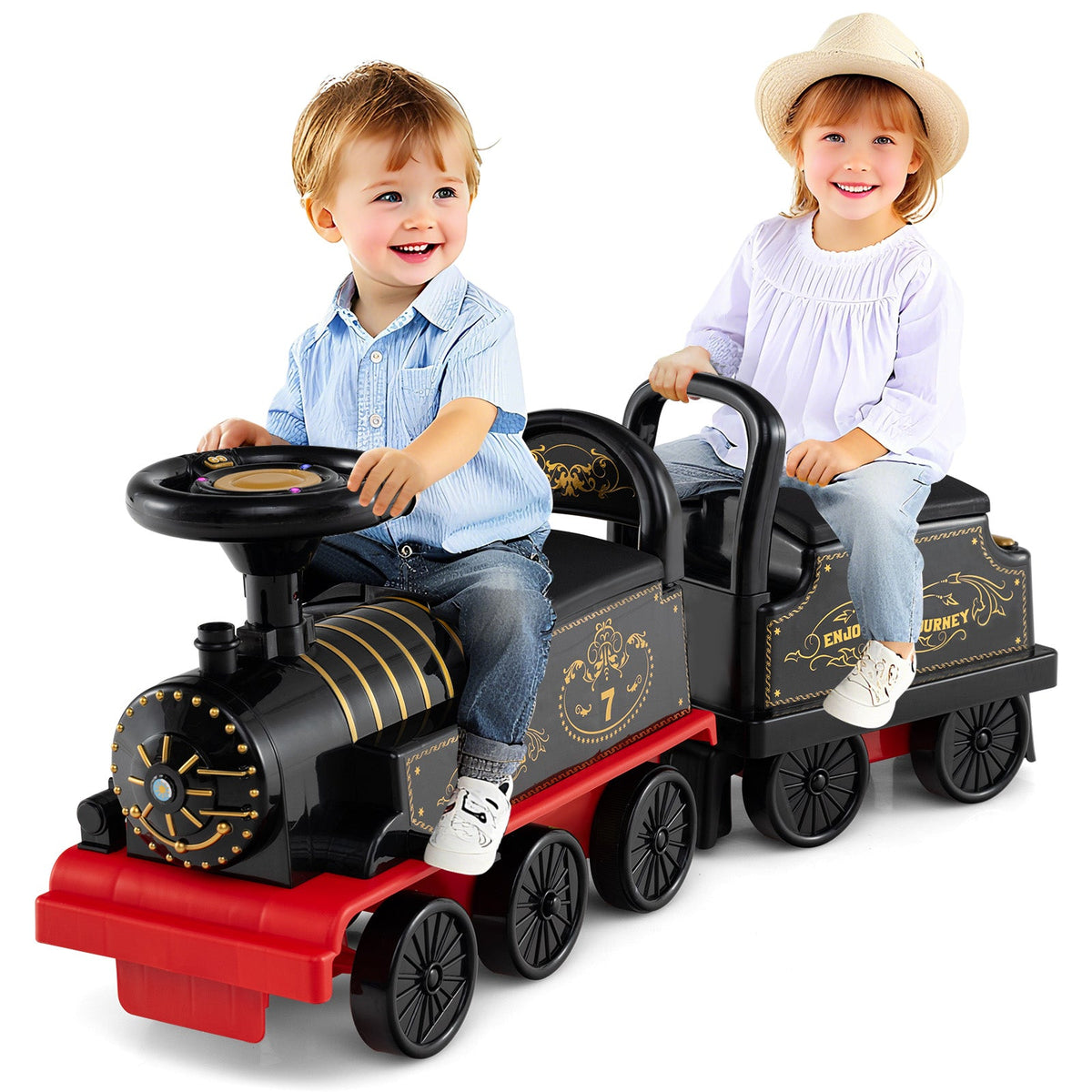 6V Kids Ride On 2-Seater Train with Carriage and Flashing LED Lights