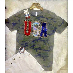 Women's USA Leopard Sequin Camo Graphic T-Shirt - Sew Fancy Designs