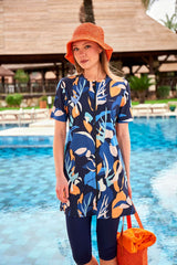 Woven Navy Women's Half Coverage Burkini Swimsuit