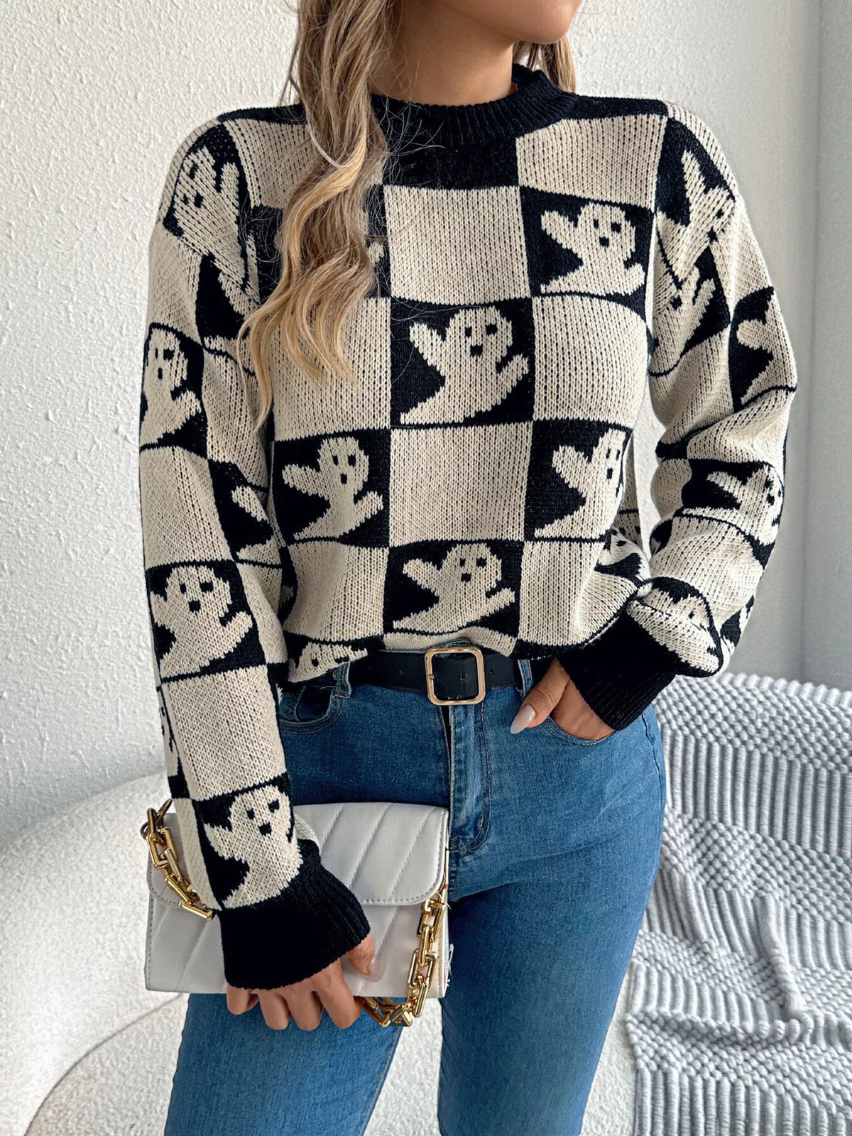 HALLOWEEN Women's Ghost Pattern Checkered Round Neck Sweater