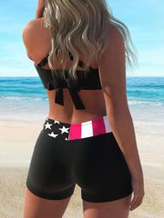 Women's American Flag Two-Piece Criss Cross Halter Bikini Swimsuit with Boxer Shorts Bottoms