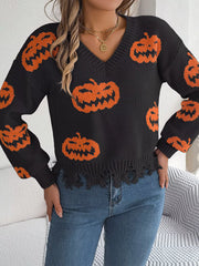 HALLOWEEN Women's Pumpkin Pattern Raw Hem V-Neck Sweater