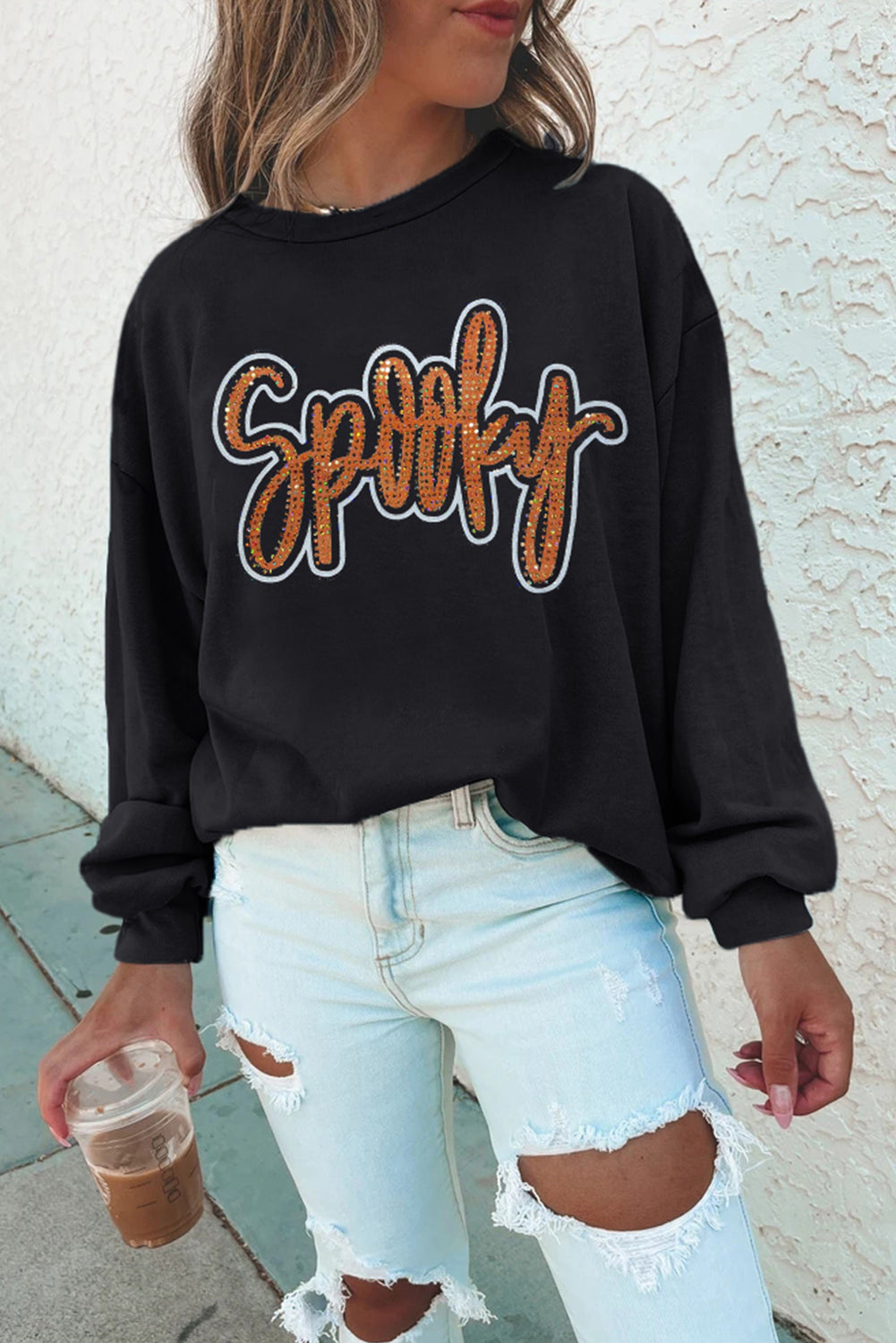 HALLOWEEN Women's 'Spooky' Rhinestone Drop Shoulder Graphic Sweatshirt