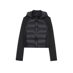 Women's Black Patchwork Thermal Long-Sleeve Hooded Cotton-Padded Jacket