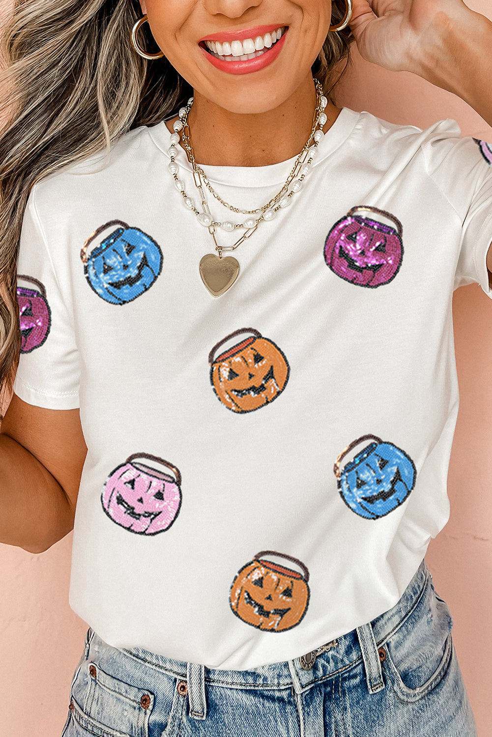 HALLOWEEN Women's Sequin Pumpkin Face Patched Crew Neck T-Shirt