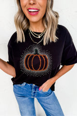 HALLOWEEN Women's Black Rhinestone Pumpkin Graphic Casual Short Sleeve Tee