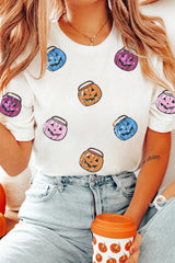 HALLOWEEN Women's Sequin Pumpkin Face Patched Crew Neck T-Shirt
