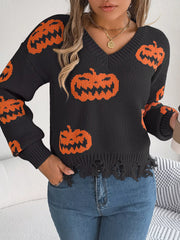 HALLOWEEN Women's Pumpkin Pattern Raw Hem V-Neck Sweater