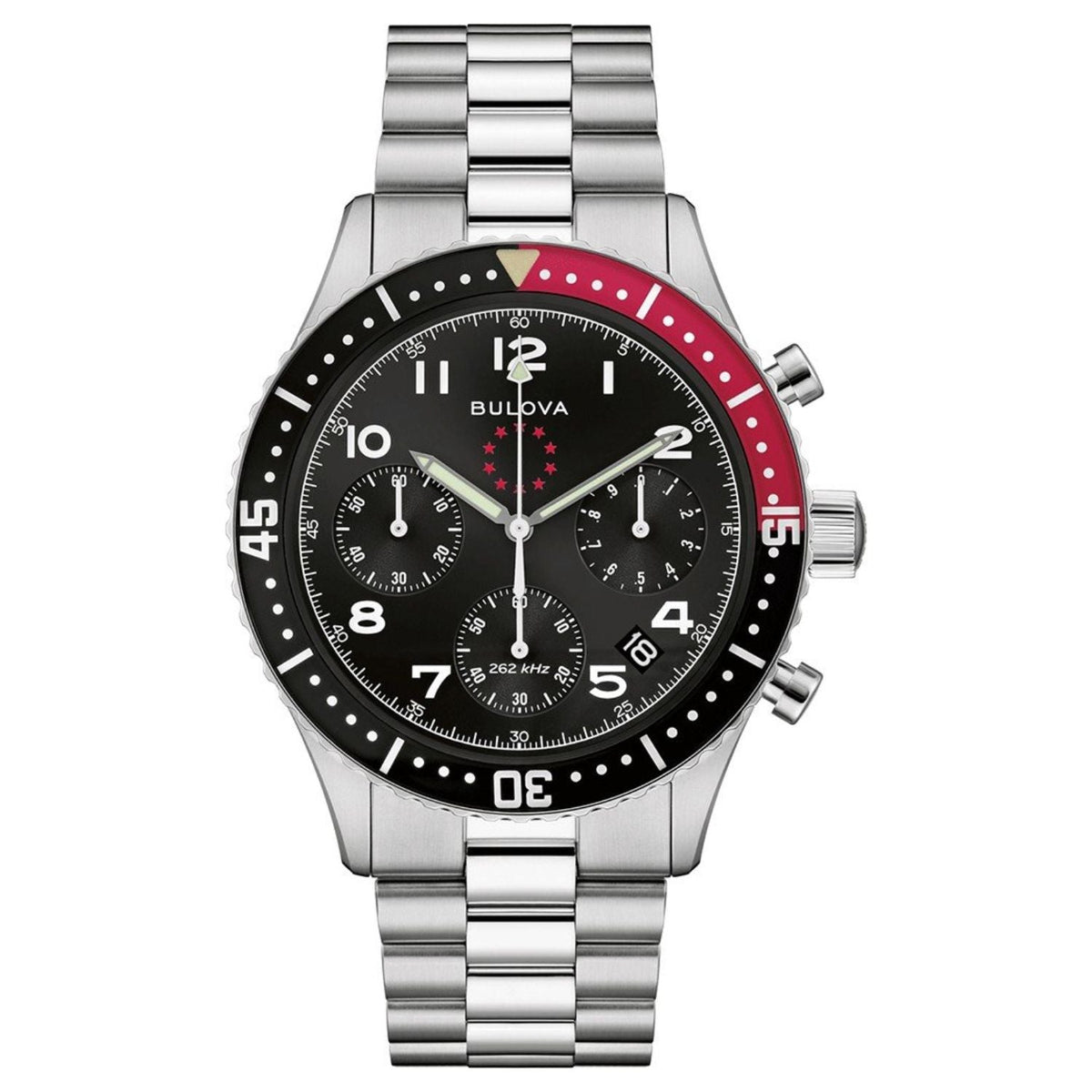 Bulova Men's Marine star - Black Dial, Silver Bracelet/Case, Red/Black Bezel - 200m
