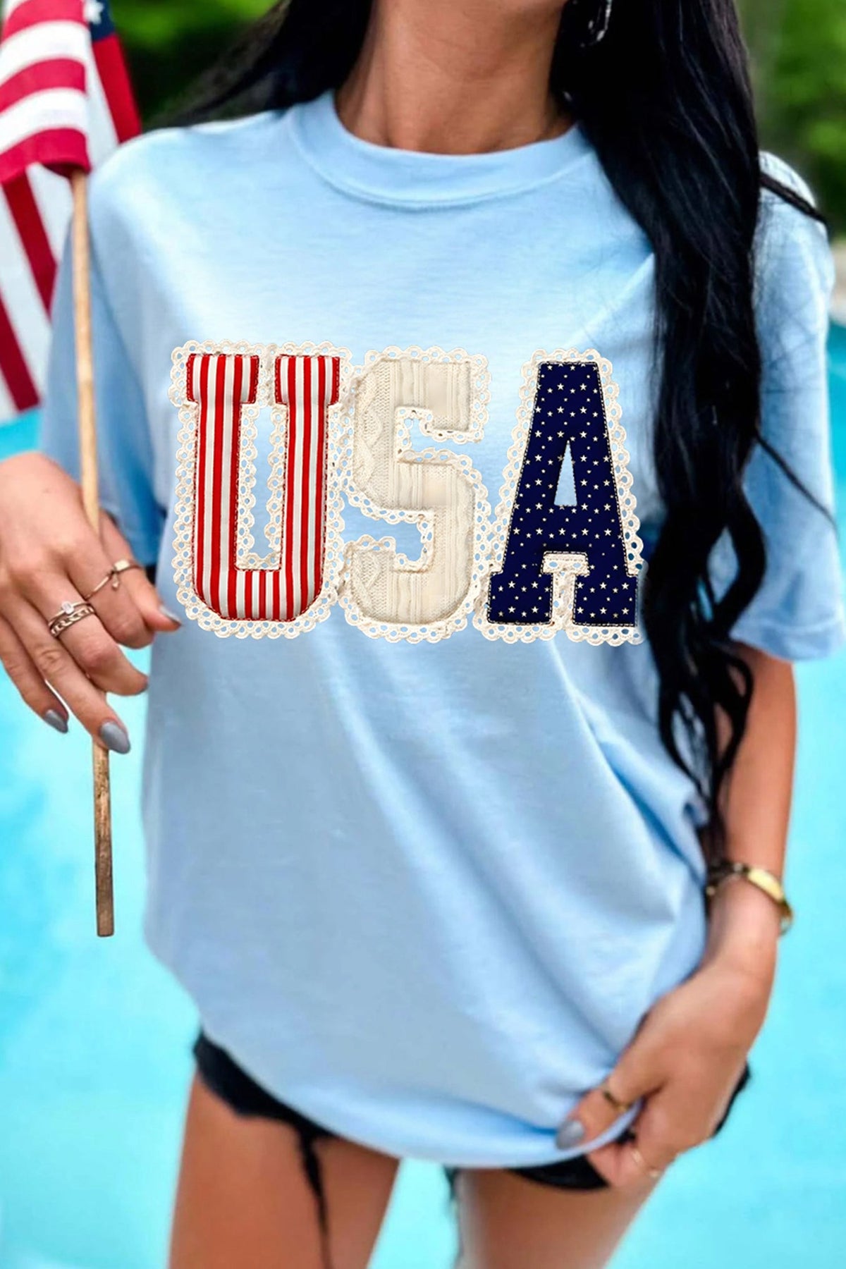 Women's Light Blue USA Patriotic Printed T-Shirt