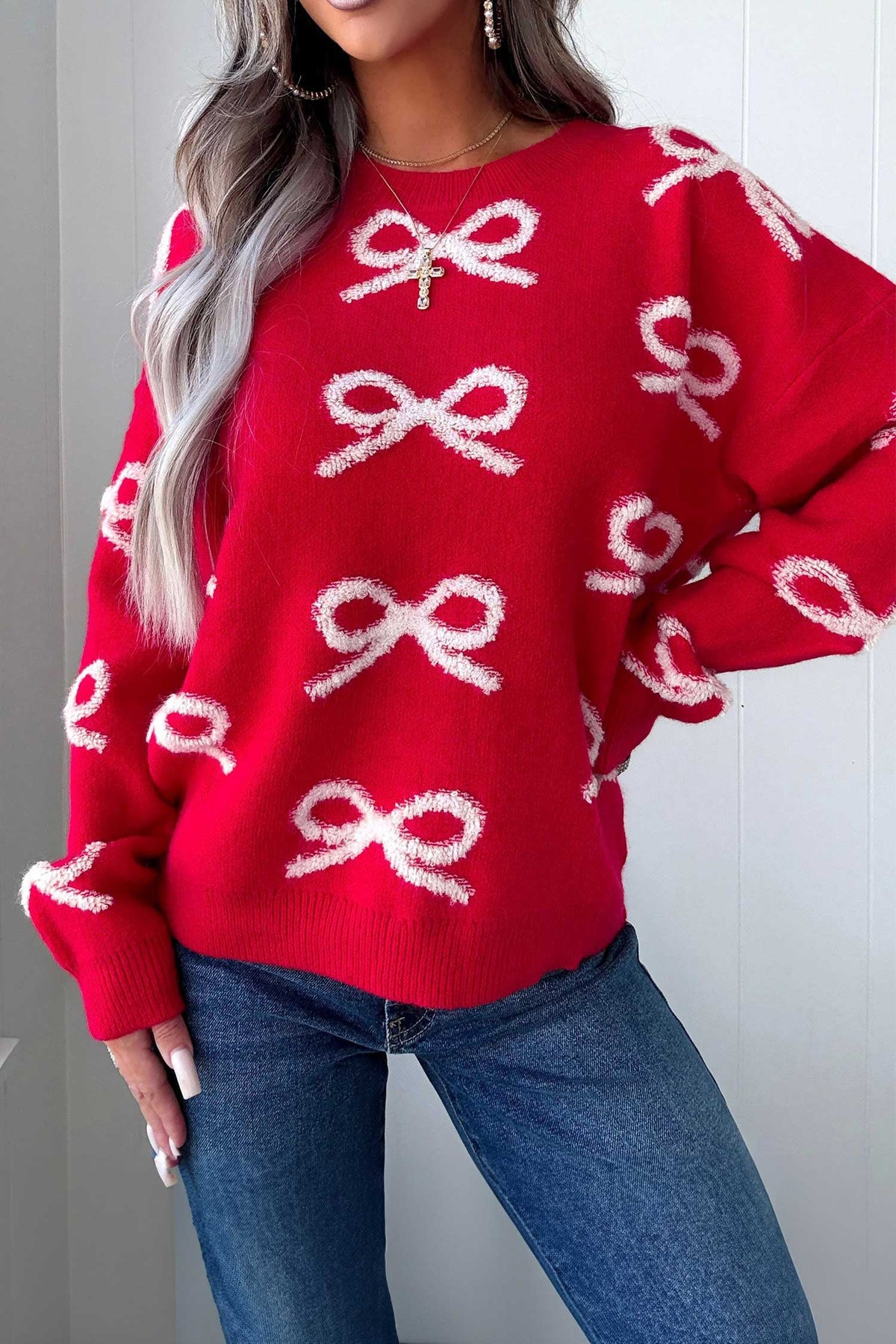 Women's Fiery Red All Over Bow Dropped Shoulder Round Neck Shift Sweater CHRISTMAS