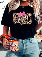 HALLOWEEN Women's Leopard Ghost 'Boo' Round Neck T-Shirt