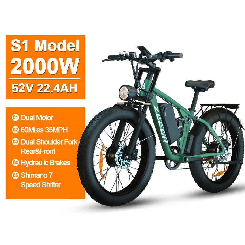Zeegr S1 2000W Dual Motor AWD Fat Tire E-Bike, 52V, 60-Mile Range