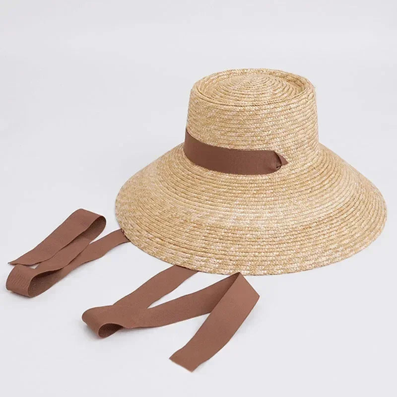 Women's Handmade Wide Brim Wheat Straw Hat with Chin Strap