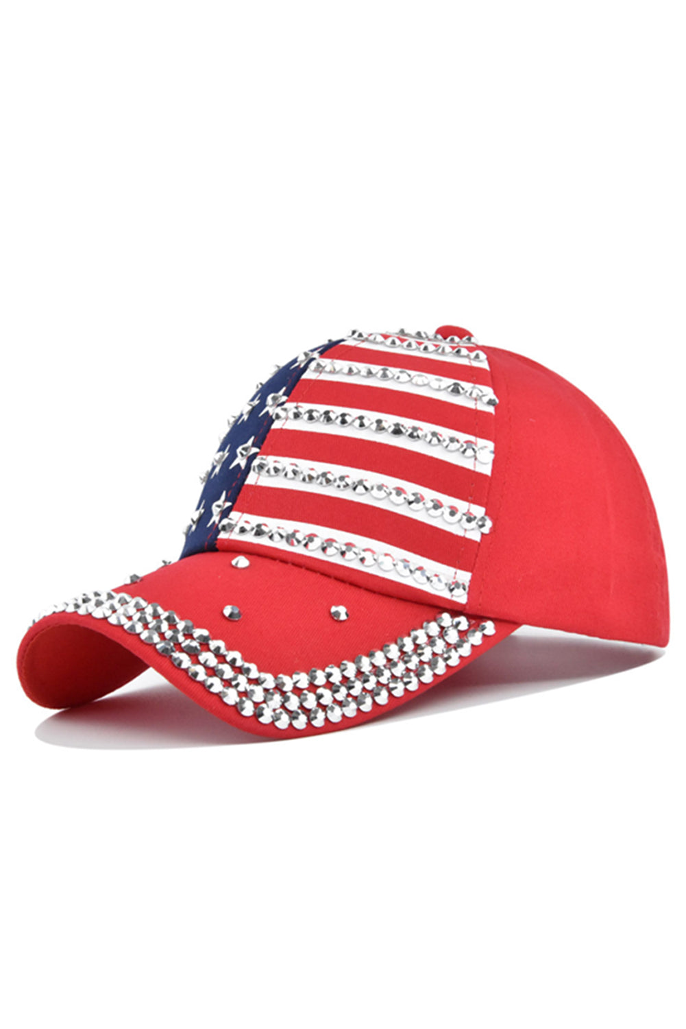 Women's Fiery Red American Flag Rhinestone Decor Trucker Hat