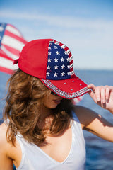 Women's Fiery Red American Flag Rhinestone Decor Trucker Hat