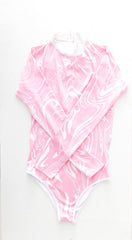 Women's Sustainable Resort Wear 'Marble' Long Sleeve Bodysuit/Rash Guard with Sculpted Elegance