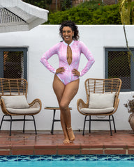 Women's Sustainable Resort Wear 'Marble' Long Sleeve Bodysuit/Rash Guard with Sculpted Elegance