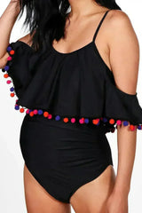 Femstylo Women's Cold Shoulder, Pom Pom, One-Piece Maternity Swimsuit