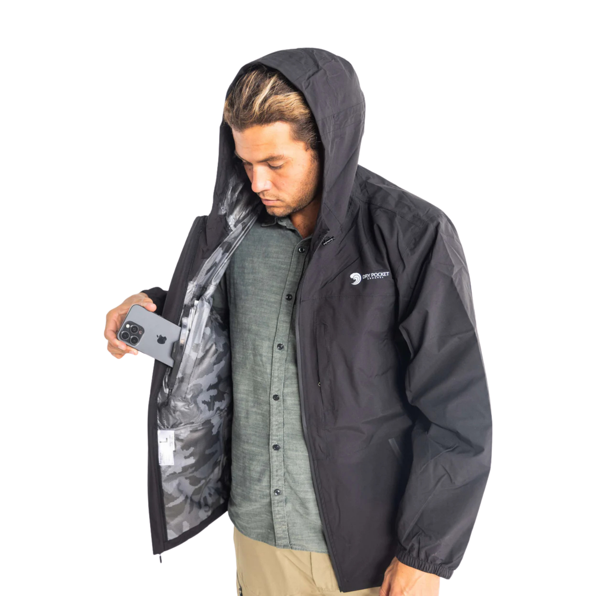 Dry Pocket Black Fin - Unisex Black Waterproof Rain Jacket With A Waterproof Pocket
