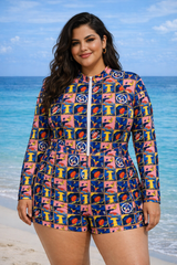Women's 'Mosaic 54' Long Sleeve Zip-Up Surfer Bodysuit/Rash Guard One-Piece Swimsuit