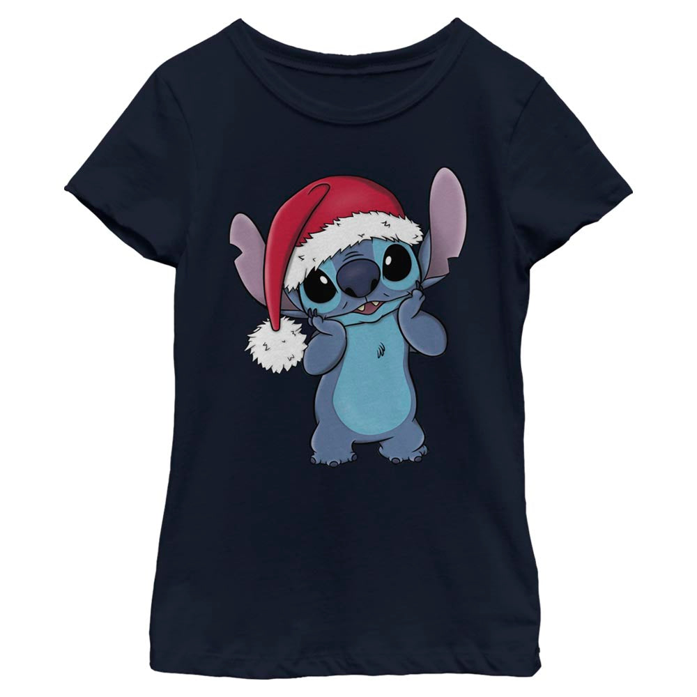 CHRISTMAS Girl's Disney Stitch Wearing Santa Hat T-Shirt