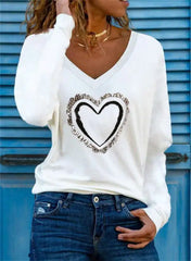 Women's Heart Pattern V-Neck Long-Sleeve T-shirt