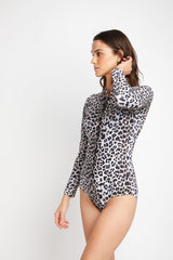 Women's Long Sleeve One-Piece Rash Guard - Leopard