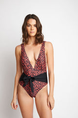 Women's Deep-V One-Piece Swimsuit - Brick Leopard