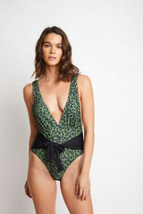 Women's Deep-V One-Piece Swimsuit - Olive Green Leopard
