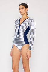 Women's Log Sleeve One-Piece Rash Guard - Navy White Stripe