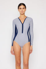 Women's Log Sleeve One-Piece Rash Guard - Navy White Stripe