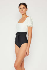 Women's Puff Sleeve One-Piece Swimsuit - Cream/Black
