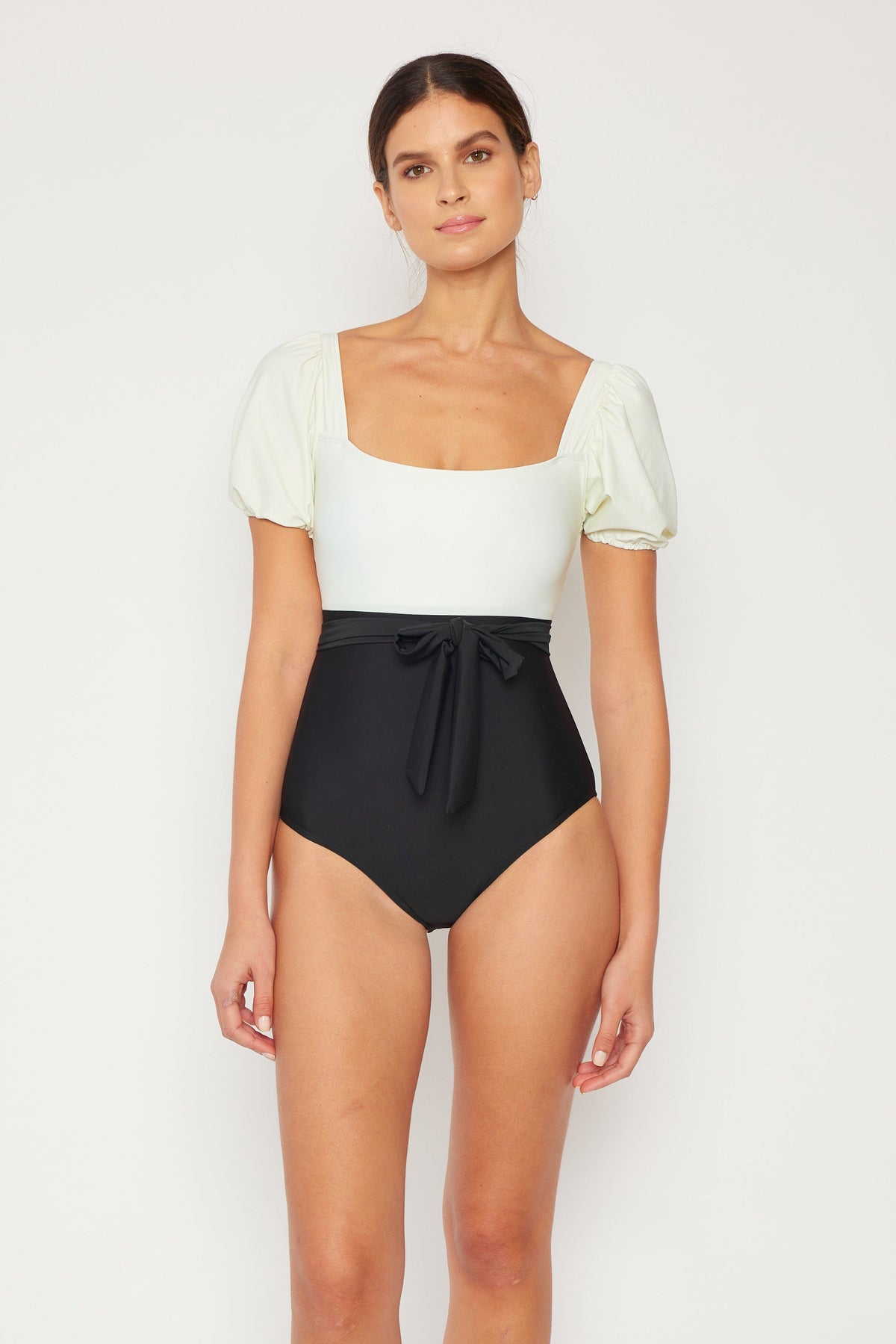 Women's Puff Sleeve One-Piece Swimsuit - Cream/Black