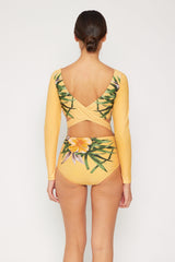 Women's Long Sleeve One-Piece Rash Guard Swimsuit - Aloha Beige