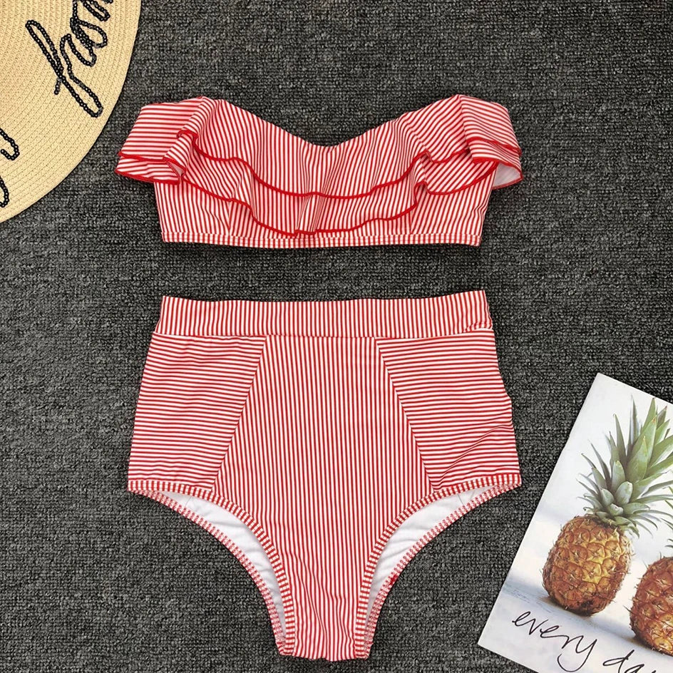 Sexikinis Vintage Striped/Ruffled Women's High-Waisted Two-Piece Bikini Swimsuit