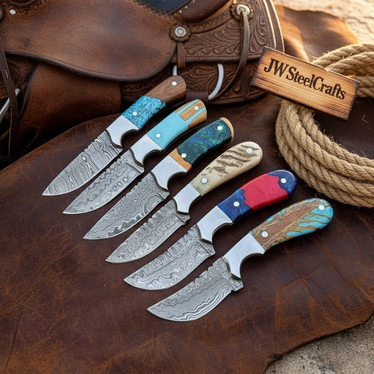 Prairie Palette Skinner Knife - Set of 6 - Multi Color Resin Handle, Steel Bolster, Full Tang Skinner