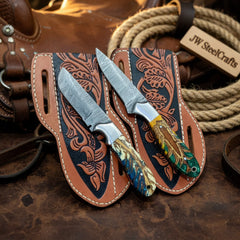 Handmade 7 Inch Pinecone Resin Damascus Hunting Knife - Set of 2